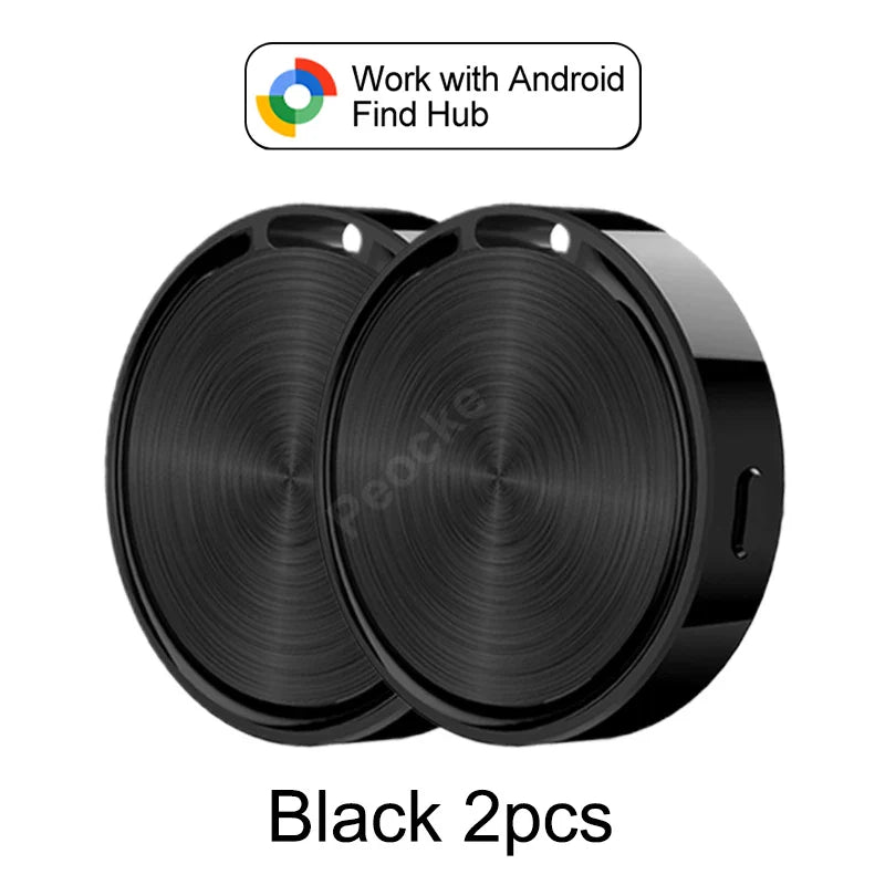 Two black circular devices with 'Work with Android Find Hub' text on a white background.