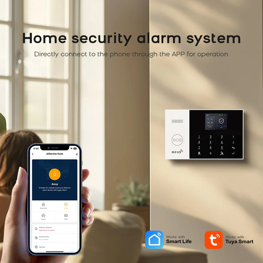 Home security alarm system with smartphone app and device on a wall.