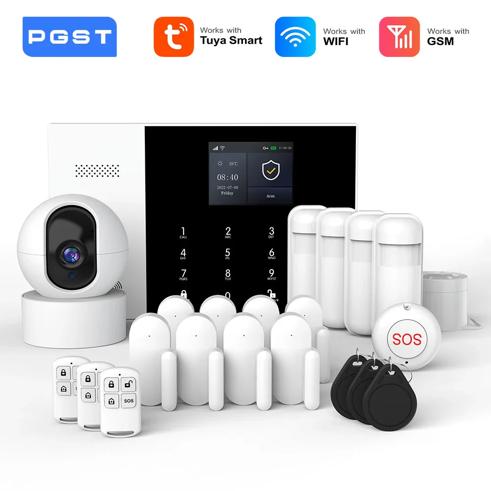 Smart home security system with various components on a white background, featuring PGST branding and connectivity icons.