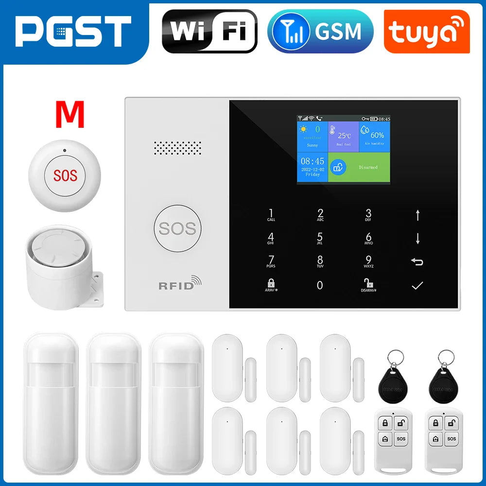 Security system with control panel, sensors, and remote controls on a white background.