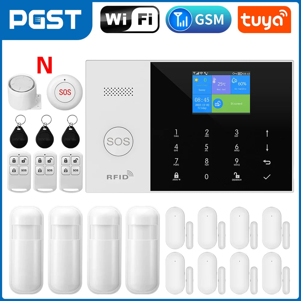 Security system with control panel, sensors, and accessories on a white background