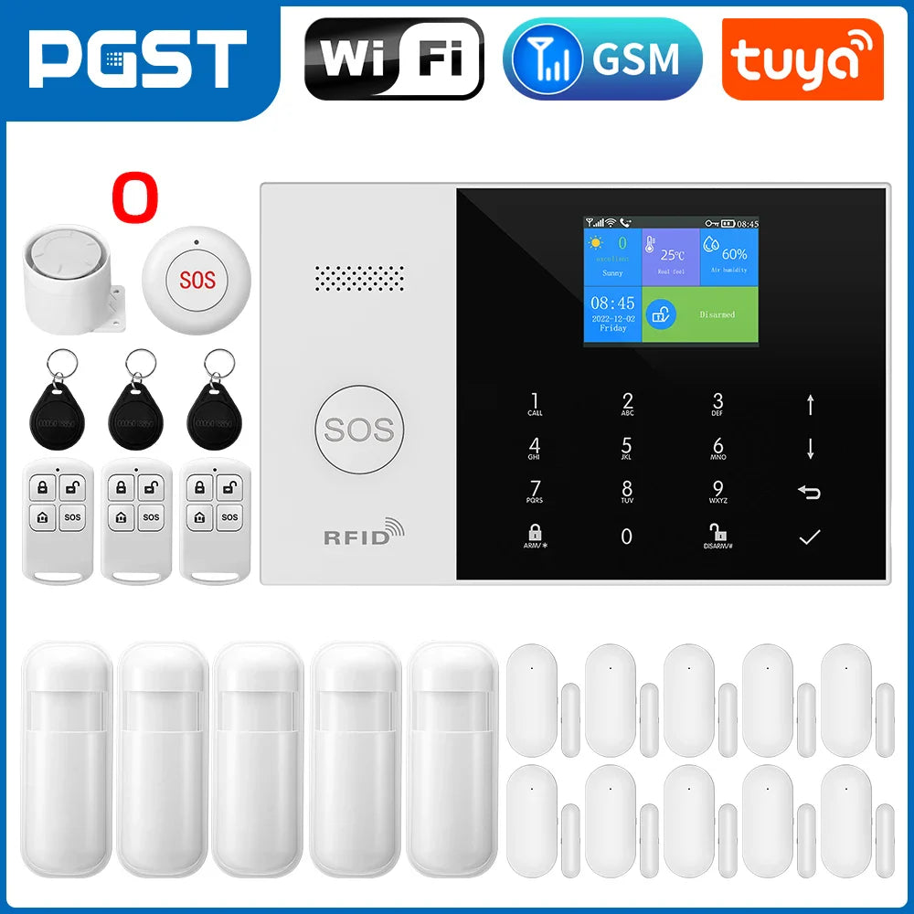 Smart home security system with control panel, sensors, and accessories on a white background.