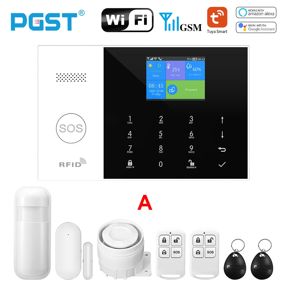 Security system with digital display, remote controls, and accessories on a white background