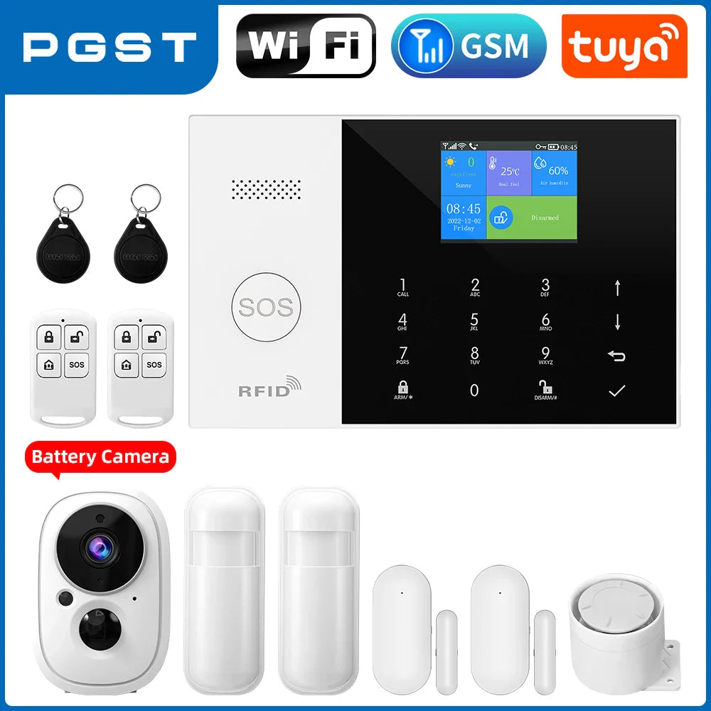 Smart home security system with control panel, cameras, and sensors on a white background.