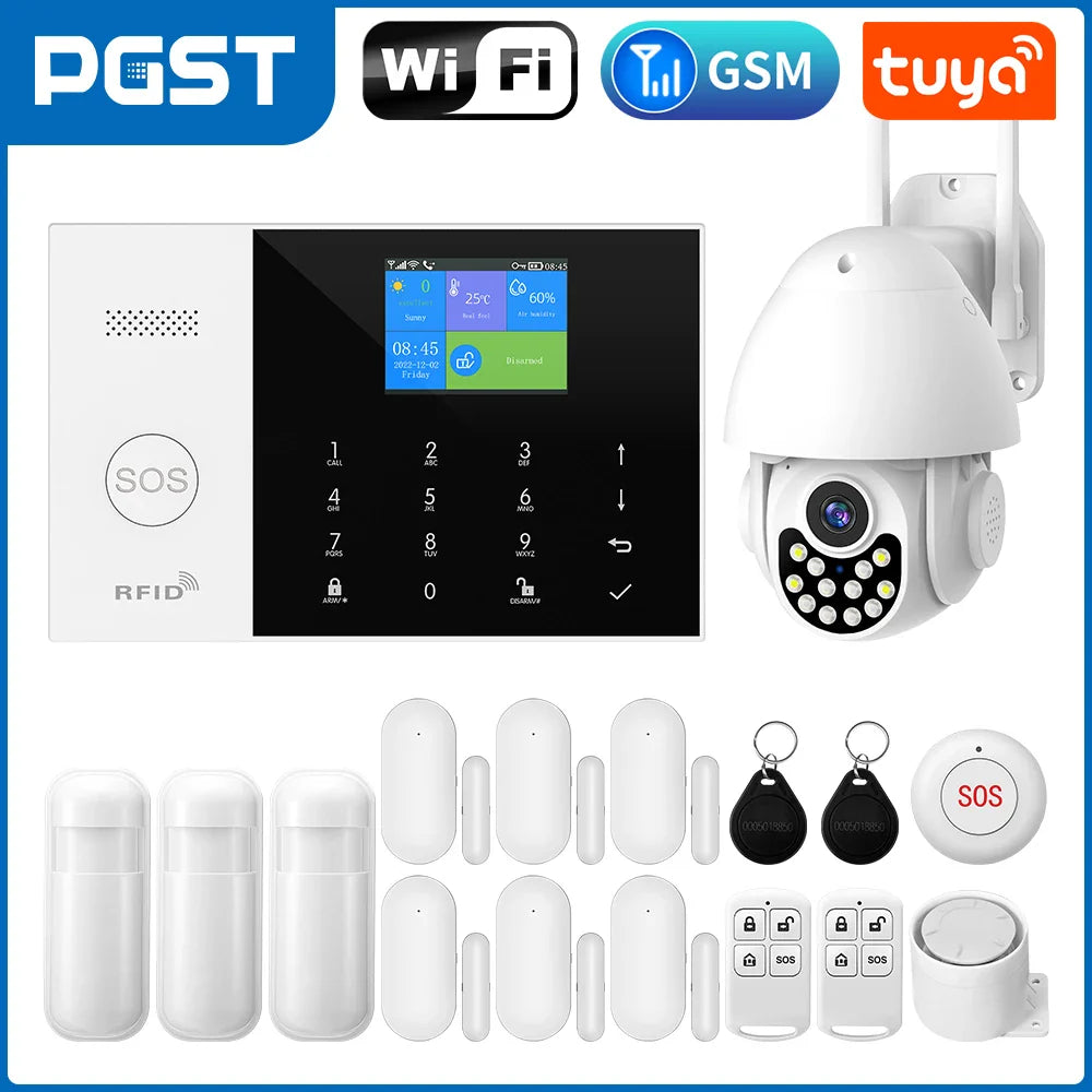 Security system components including a control panel, camera, and various sensors on a white background with PGST branding.