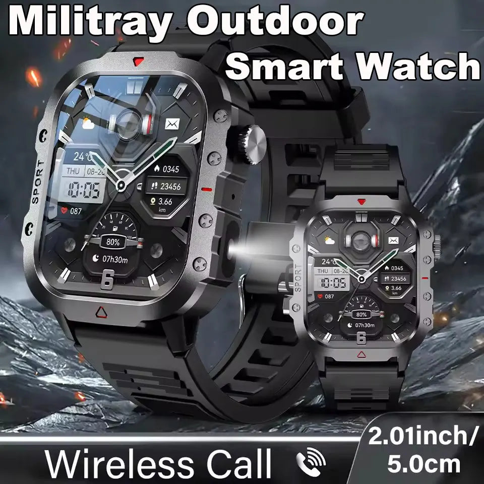 Militray Outdoor Smart Watch with digital display on a mountainous background