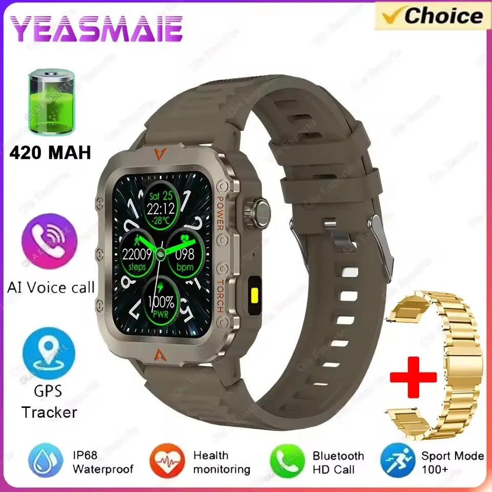 Smartwatch with features highlighted on a white background, including battery capacity and additional band options.