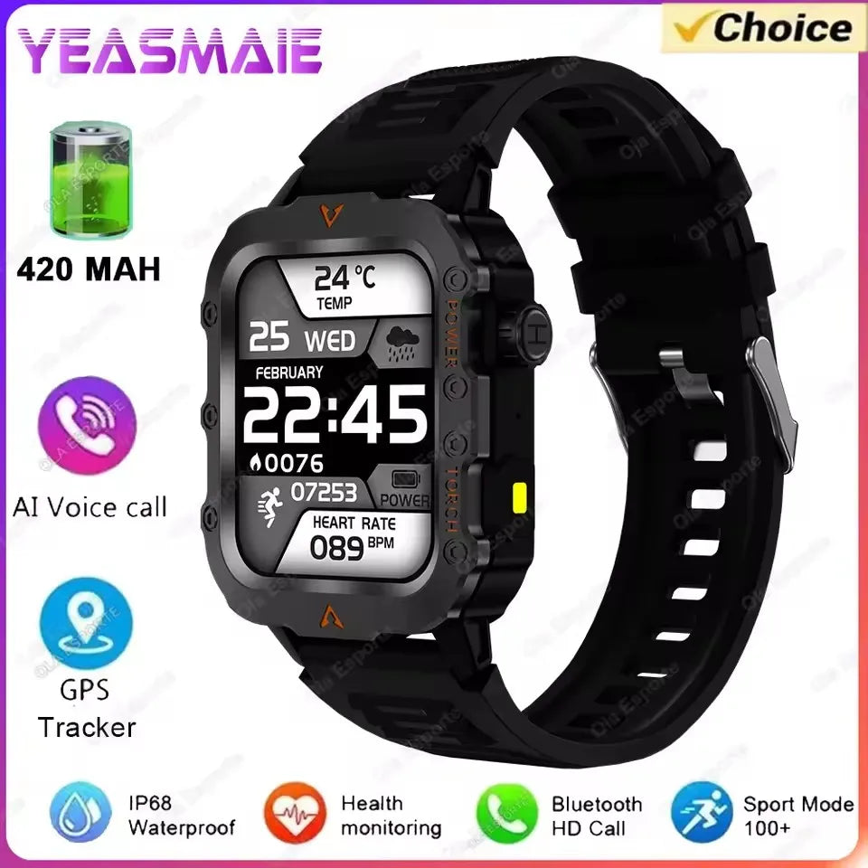 Black smartwatch with digital display on a white background, featuring YEASMAIE branding.