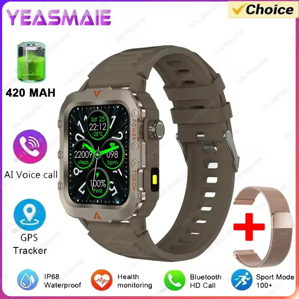 Smartwatch with features highlighted on a white background, including battery capacity and additional band.