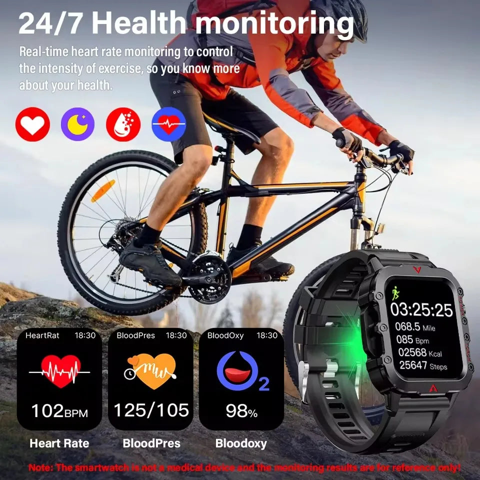 Person riding a bicycle with a smartwatch displaying health monitoring data, set against a mountainous background.