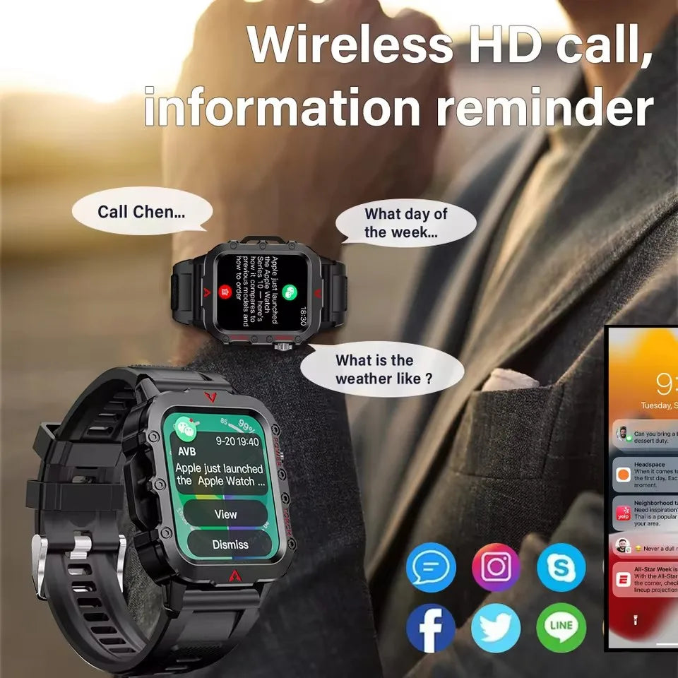 Smartwatch with app icons and text on screen, showing wireless HD call and information reminder features.