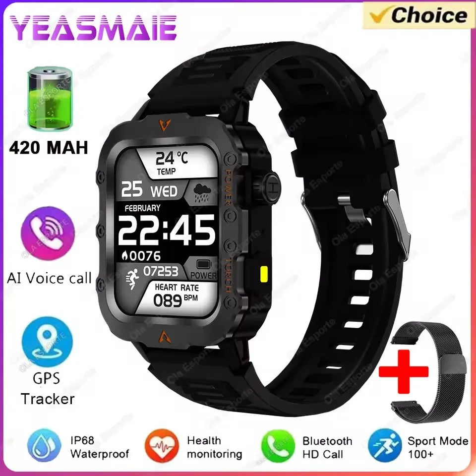 Black smartwatch with features listed on a white background