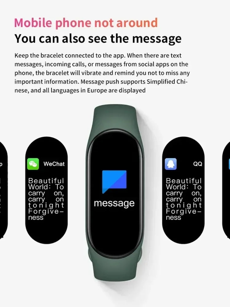 Smartwatch with message notification display and text about app support on a white background