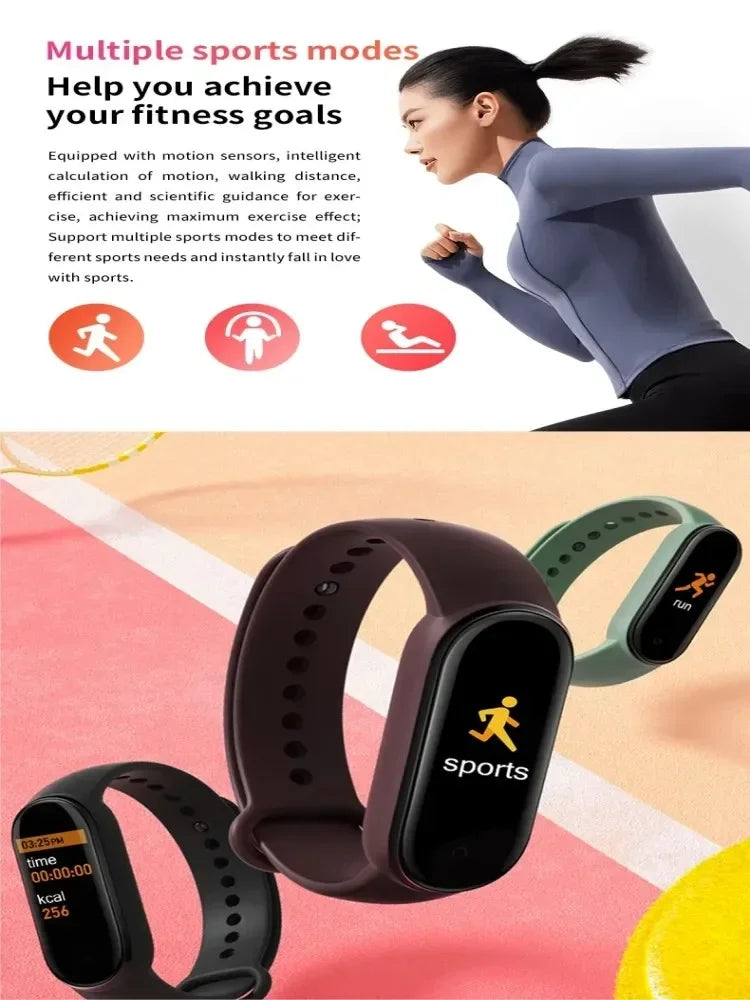 Fitness tracker with multiple sports modes displayed on a colorful background