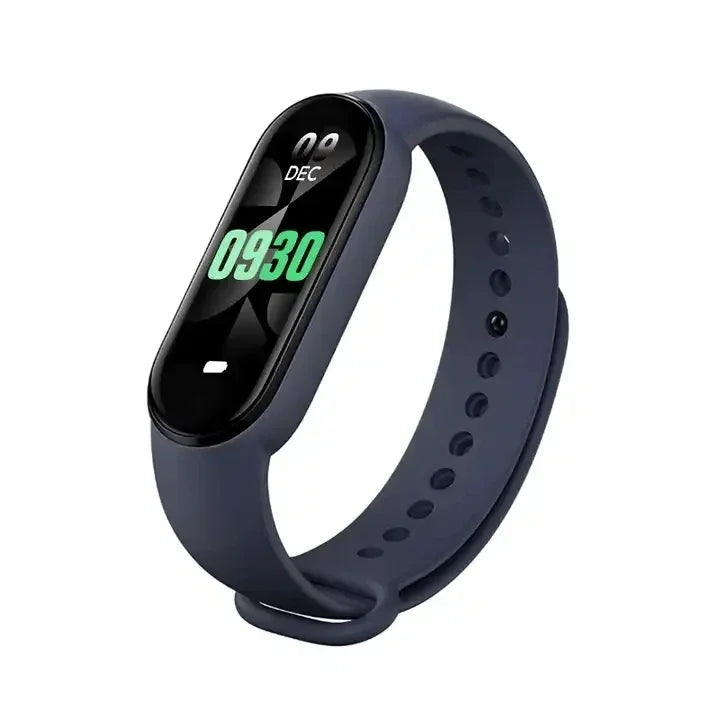 Navy blue fitness tracker with digital display on a white background