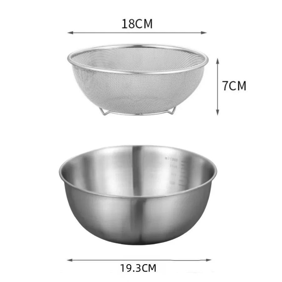 Stainless steel bowl and strainer with dimensions on a white background