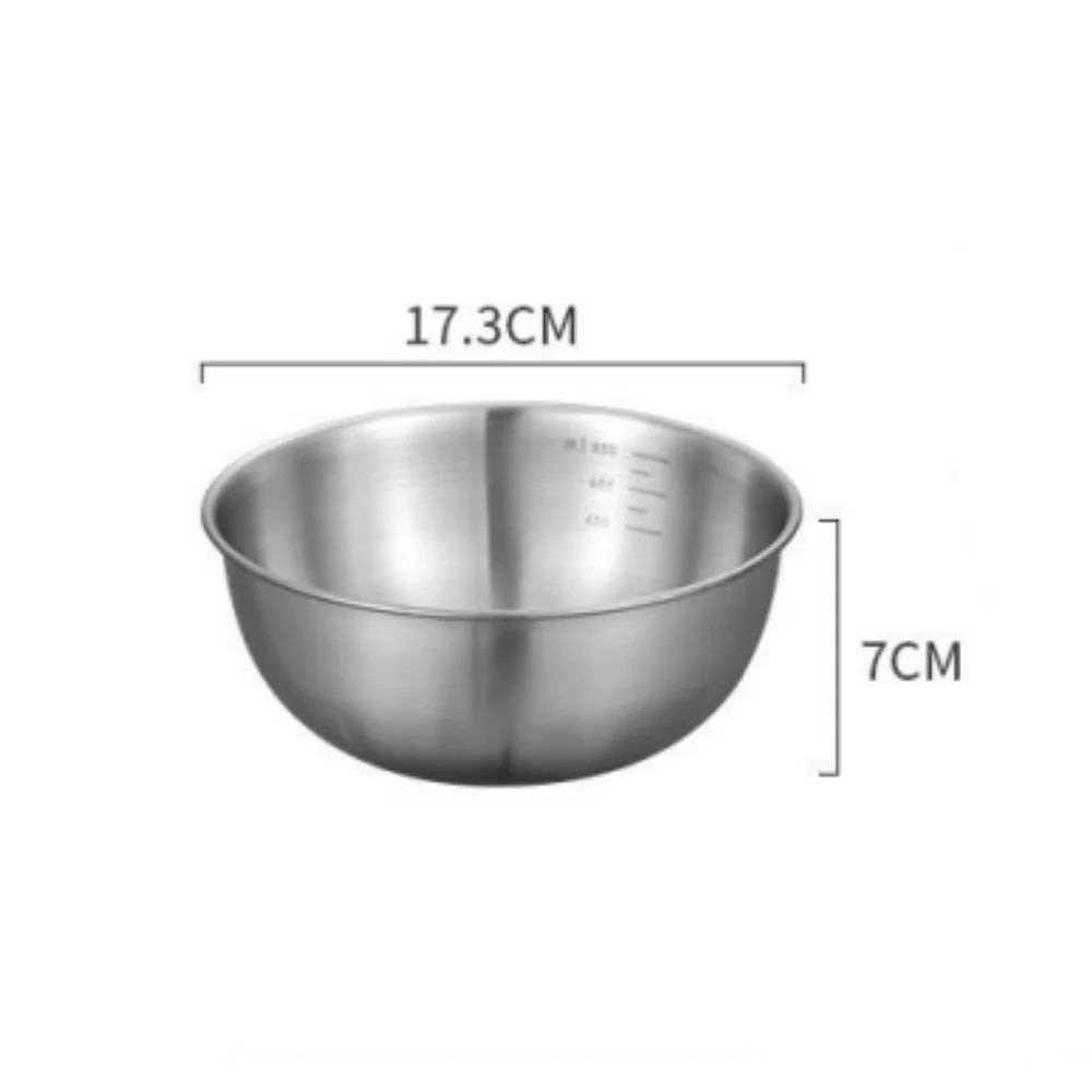 Stainless steel mixing bowl with dimensions on a white background