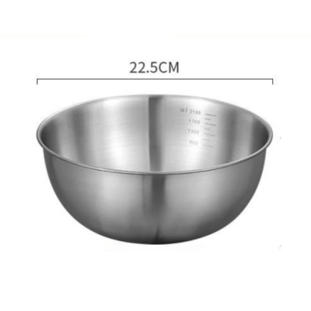 Stainless steel mixing bowl with dimensions on a white background