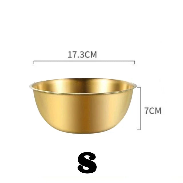 Gold bowl with dimensions labeled on a white background