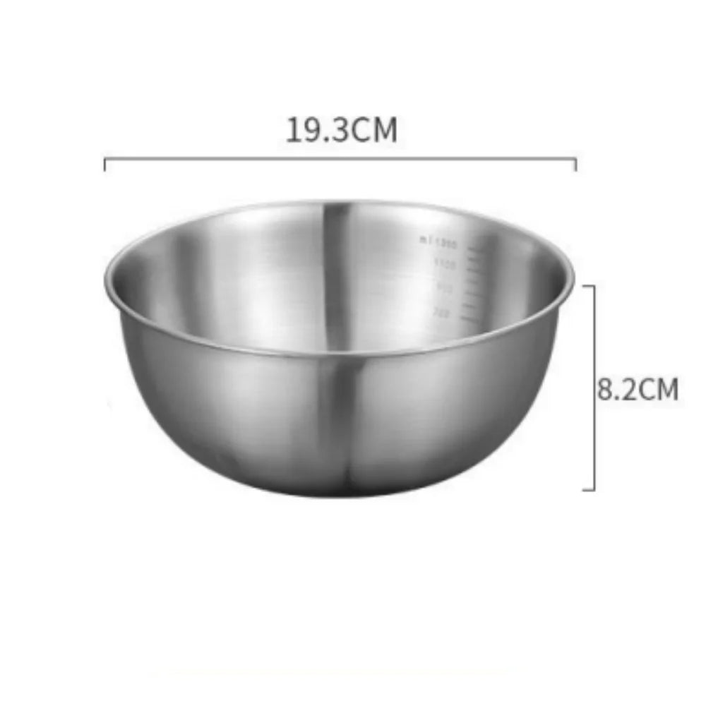 Stainless steel mixing bowl with dimensions on a white background