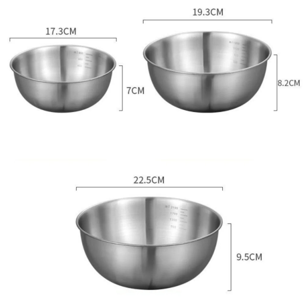 Three stainless steel bowls with dimensions labeled on a white background