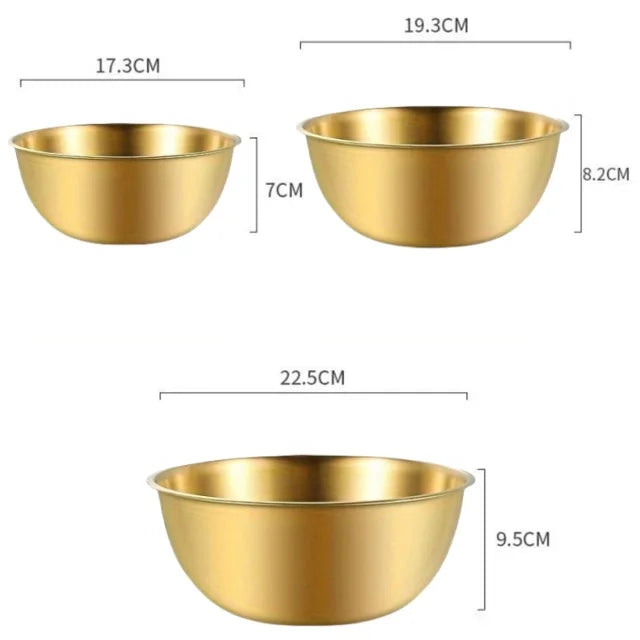 Three gold bowls with measurements on a white background