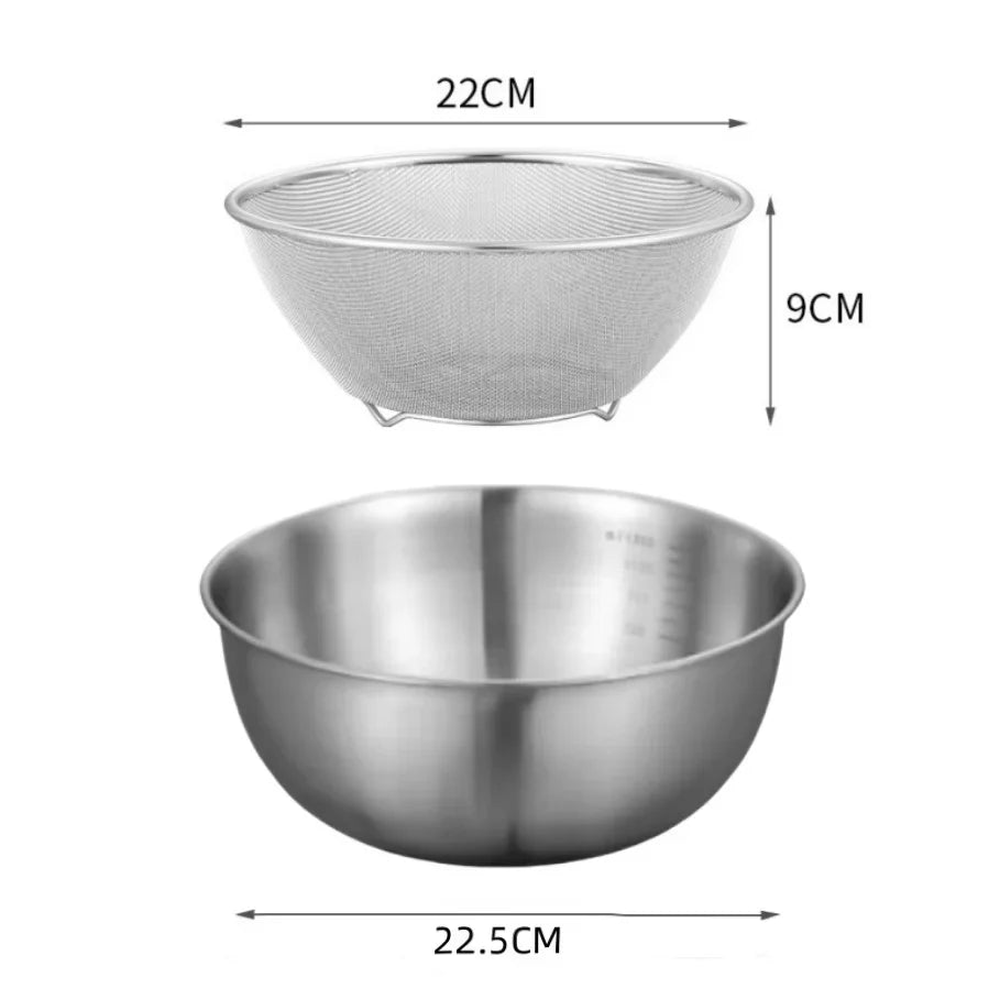 Stainless steel colander and bowl with dimensions on a white background
