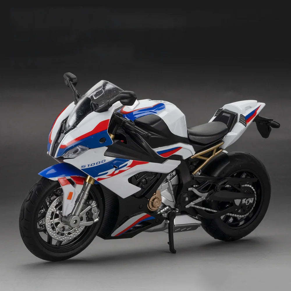 Motorcycle model with red, white, and blue design on a dark background