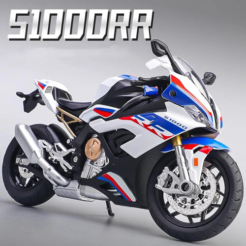 Model motorcycle with 'S1000RR' branding on a gray background