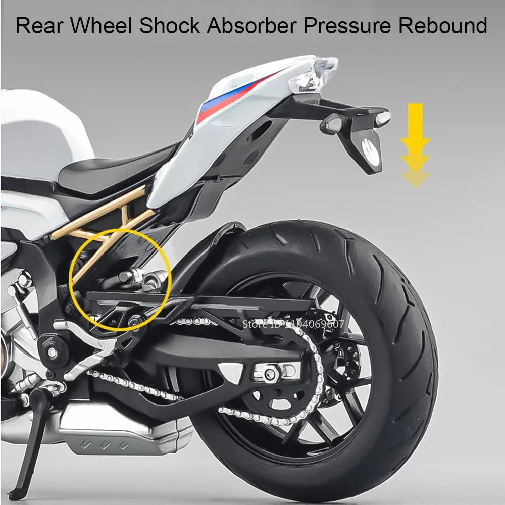 Motorcycle rear wheel with shock absorber highlighted, labeled 'Rear Wheel Shock Absorber Pressure Rebound'.