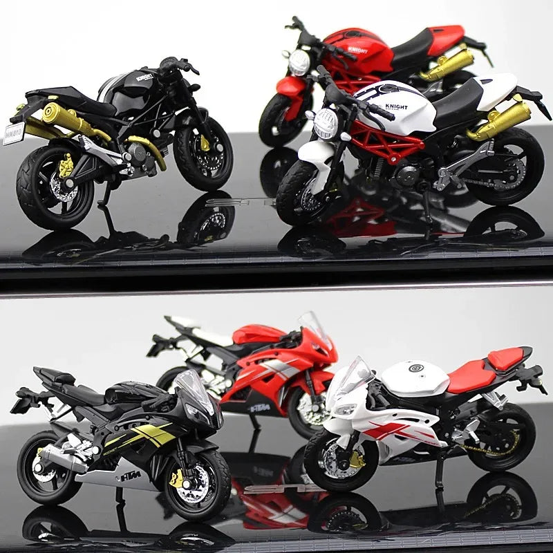 Collection of model motorcycles on a reflective surface