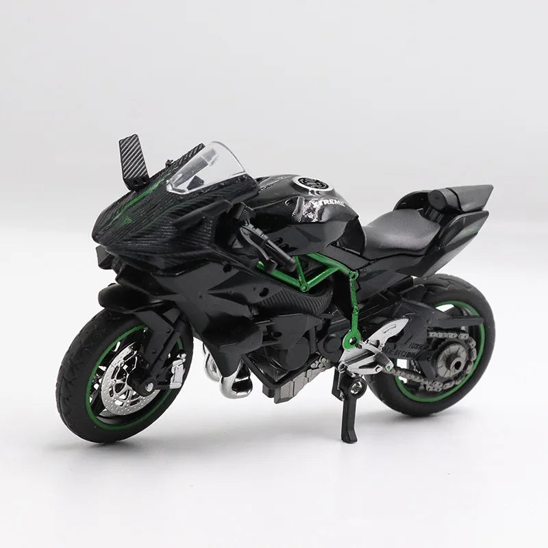 Black and green motorcycle model on a white background