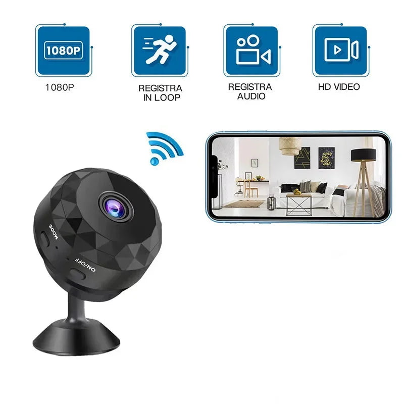 Black security camera with features like 1080P resolution, loop recording, audio recording, and HD video on a white background.