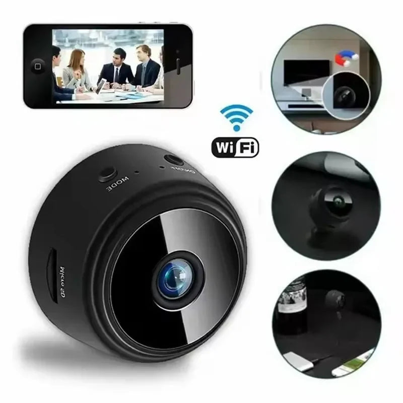 Black wireless camera with smartphone display and multiple views on a white background