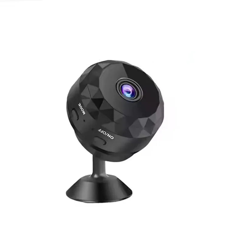 Black security camera with diamond pattern on a white background