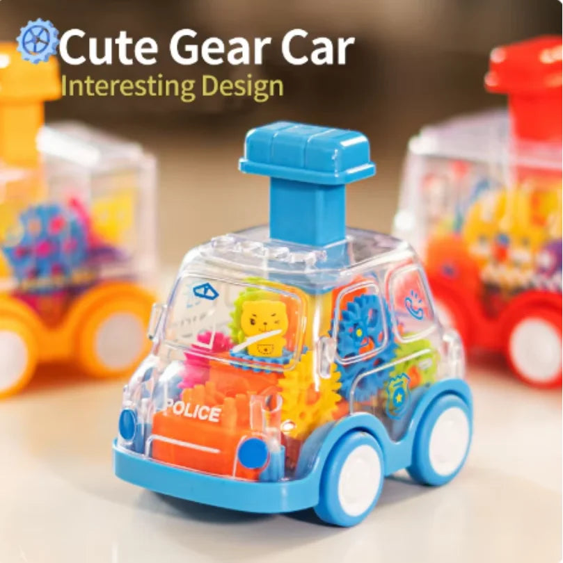 Colorful toy police car with transparent design, featuring gears inside, on a blurred background.