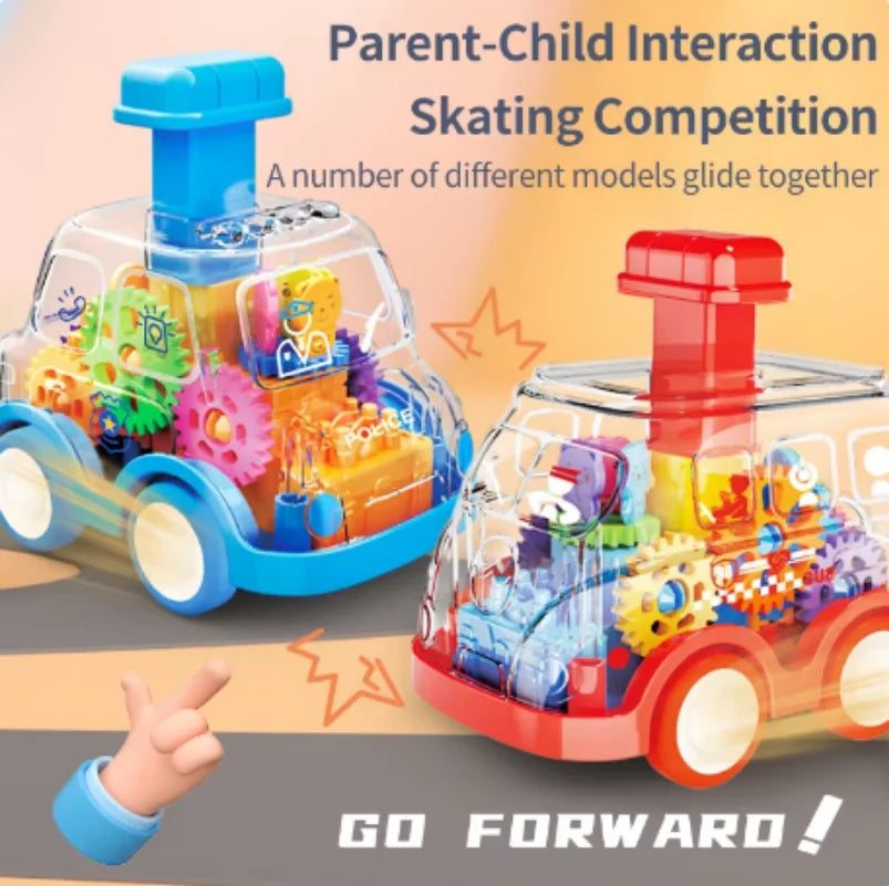Colorful toy cars with gears on a track, promoting parent-child interaction and competition.
