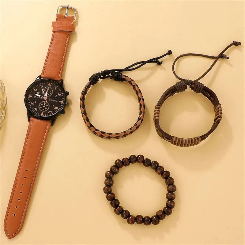 Watch with brown leather strap and three braided bracelets on a beige background