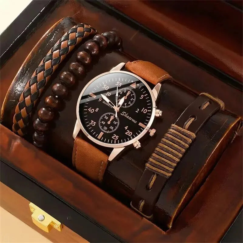 Watch with brown leather strap and wooden beads in a jewelry box