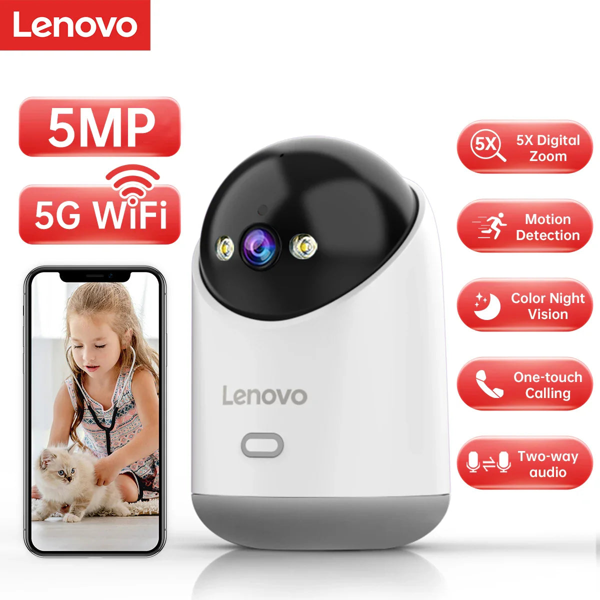 Lenovo security camera with smartphone display and feature icons on a white background