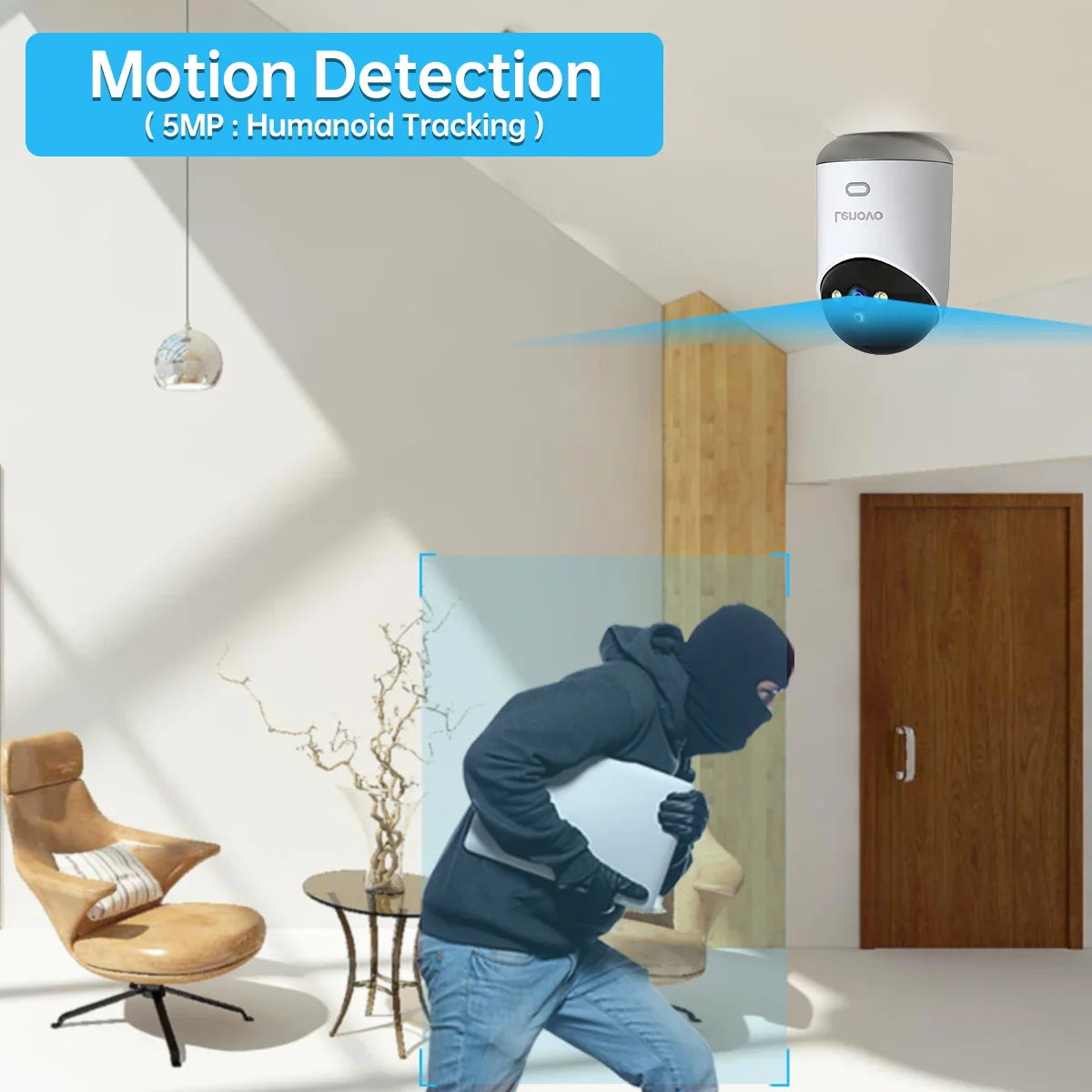 Security camera with motion detection feature in a room setting