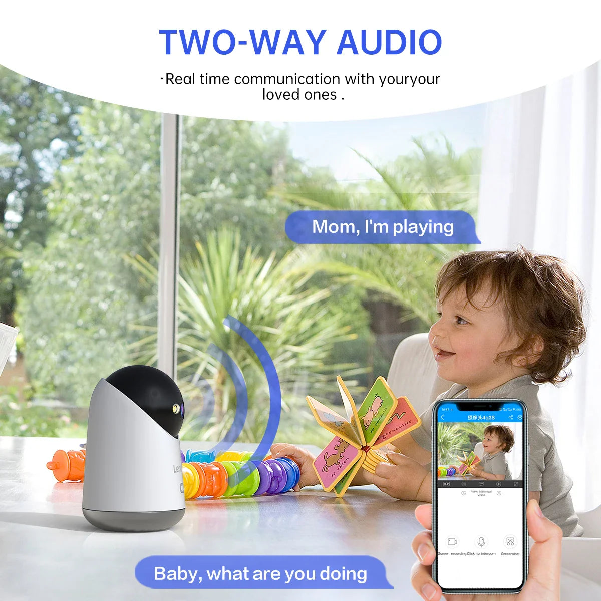 Child playing with toys, interacting with a device, and using a smartphone app in a bright room.