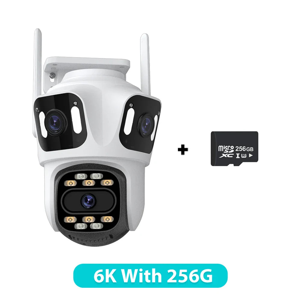 Outdoor security camera with two antennas and a 256GB microSD card on a white background