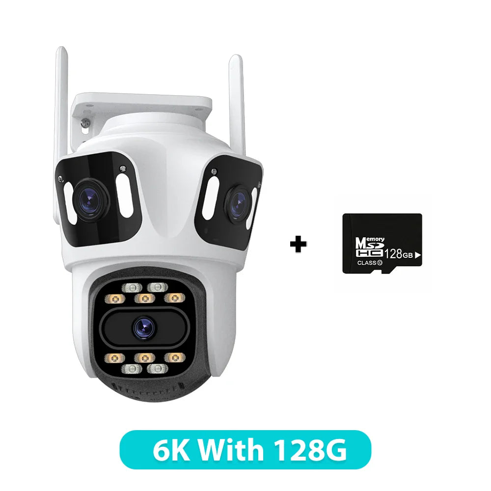 Wireless security camera with 128GB microSD card on a white background