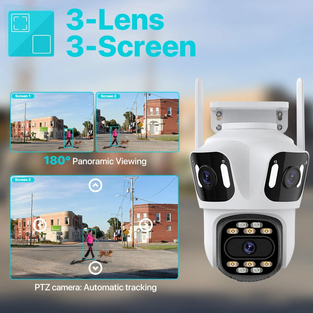 Security camera with 3-lens 3-screen feature and 180-degree panoramic viewing on a gray background.