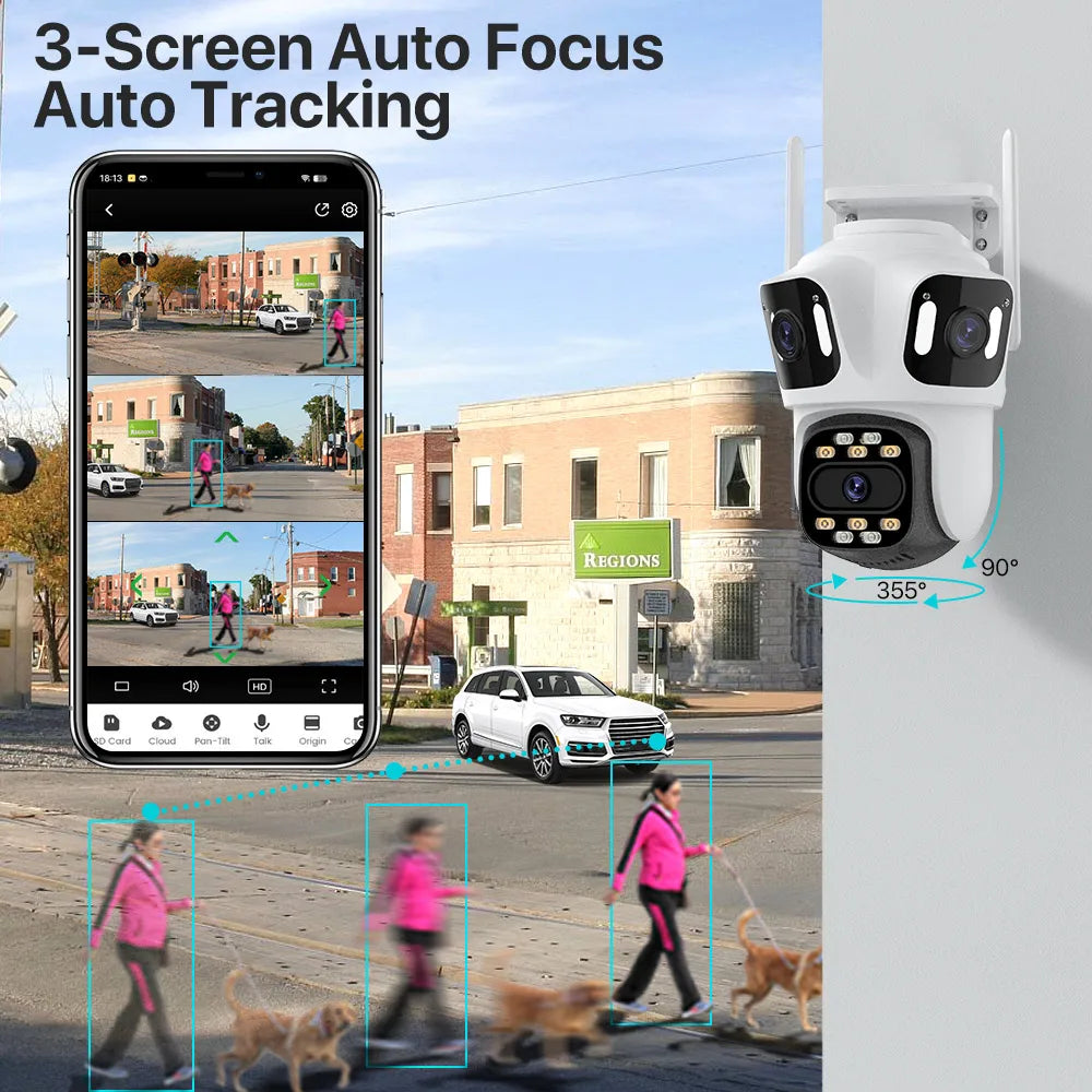 Smart camera system with smartphone app showing live feed and street scene.