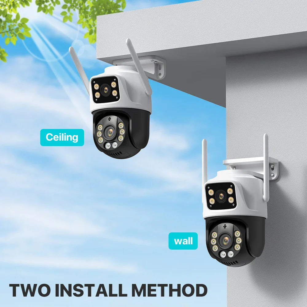 Two outdoor security cameras mounted on a ceiling and wall with a clear sky background.