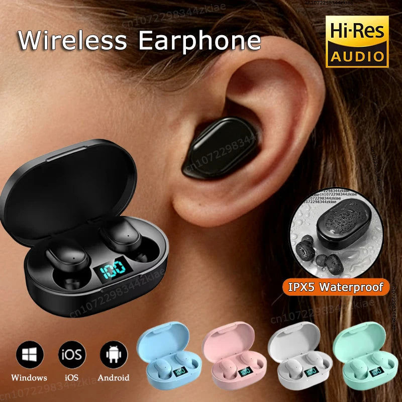 Wireless earphones with charging case and various color options displayed.