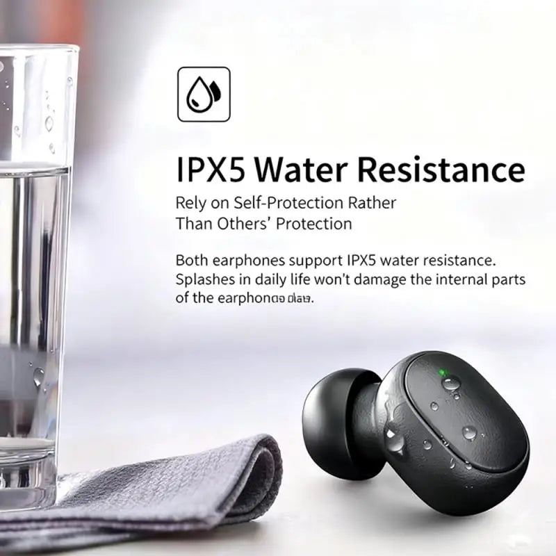 Black wireless earbuds with charging case held by hands, featuring text about automatic connection and boot-up matching.