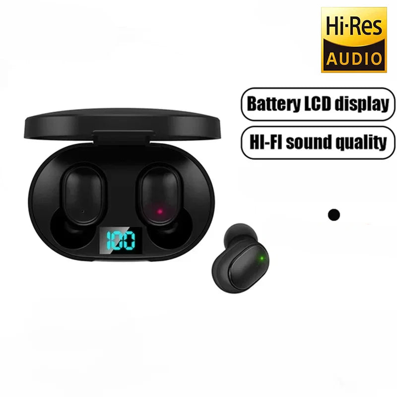 Black wireless earbuds with charging case on a white background, featuring Hi-Res Audio, Battery LCD display, and HI-FI sound quality text.